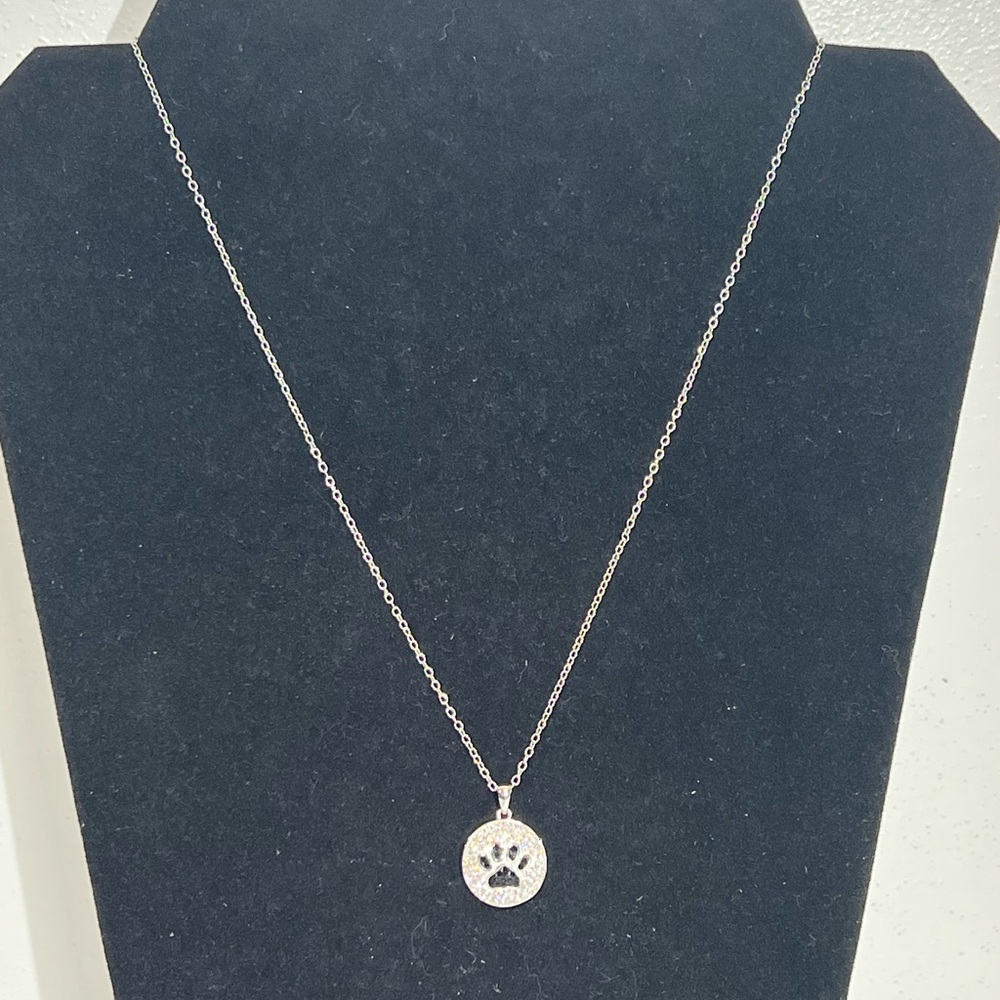 Su Ch Stamped Silver Tone Necklace With Paw Print Crystal & Rhinestone Pendant